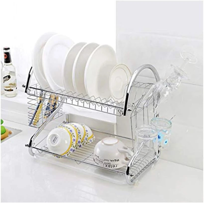 2 Tier Dish Drainer Rack with Drip Tray Plate Rack Kitchen Sink Cutlery Holder