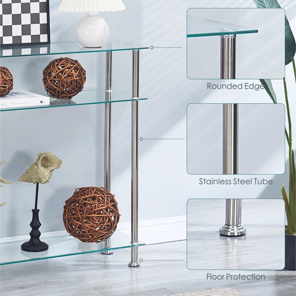 3 Tier Narrow Clear Tempered Glass Console Table Storage Shelf Stainless Steel