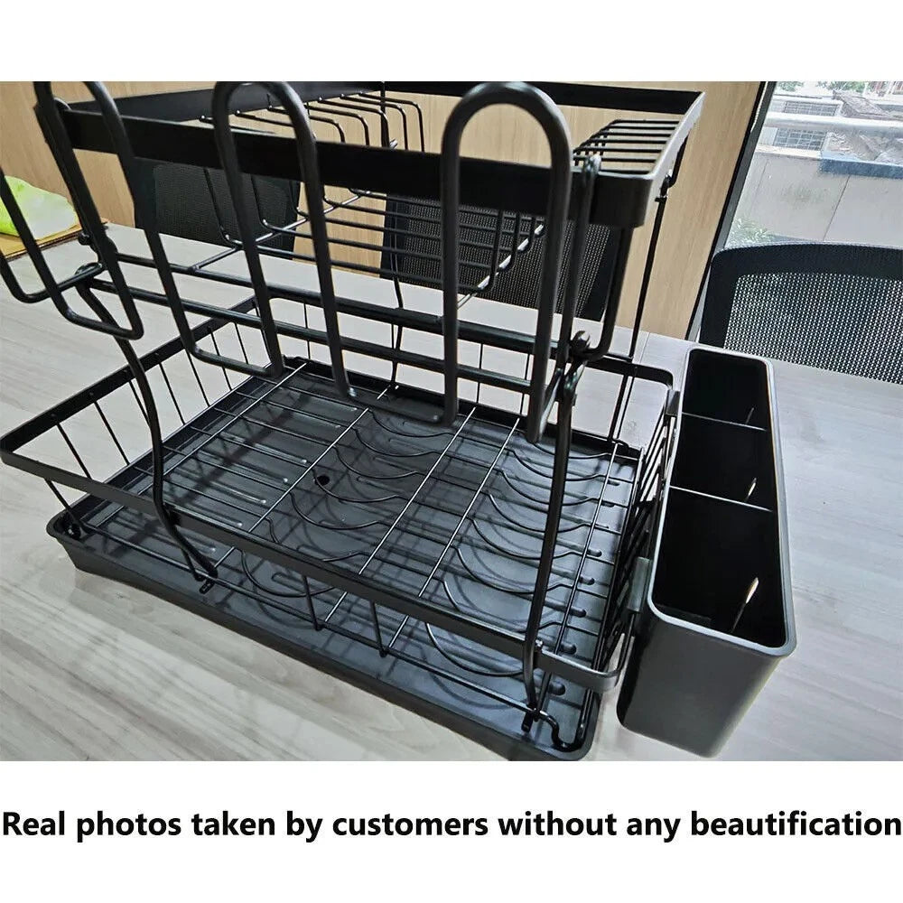 2 TIER KITCHEN SINK DISH DRAINER RACK WITH DRIP TRAY CUTLERY HOLDER PLATE RACK