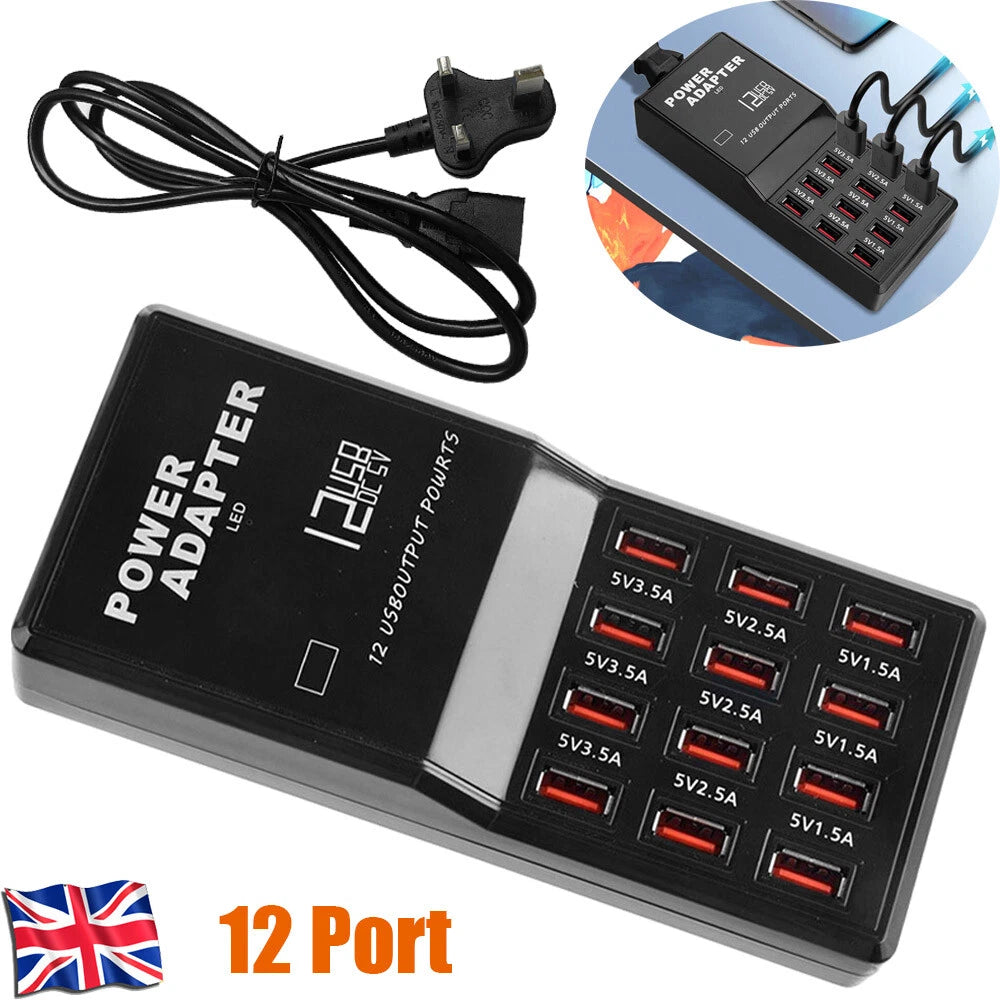 12Ports USB Multi Charger Travel Wall AC Adapter UK Plug Hub Charging Station UK