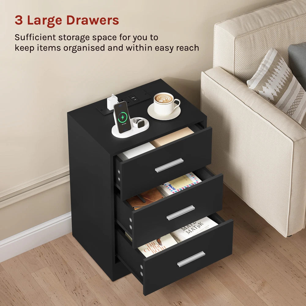 1/2x Bedside Table Cabinets w/ Charging Station Nightstand Storage Unit 3 Drawer