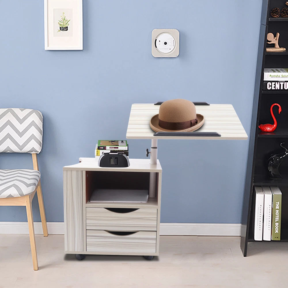 Laptop Desk Bedside Table with Lift Up Top - Modern Nightstand 2 Drawers w/Wheel