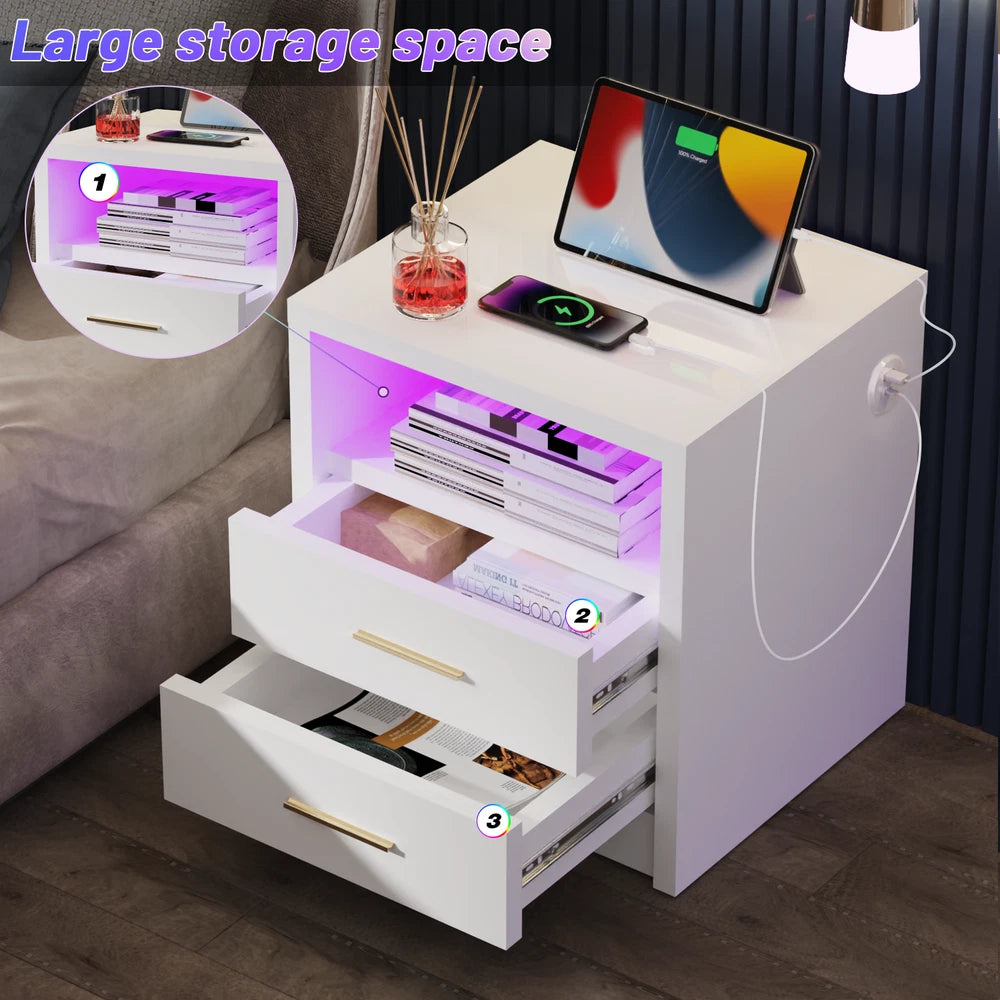 2/3 Drawers High Gloss Front Bedside Table Cabinet LED Nightstand With Charging