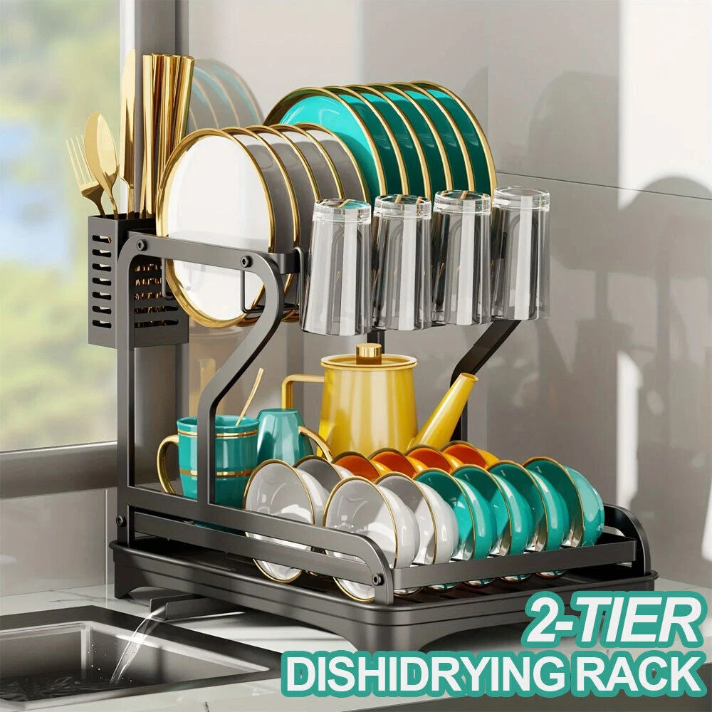 2 Tier Kitchen Sink Dish Drainer Rack With Drip Tray Cutlery Holder Plate Rack