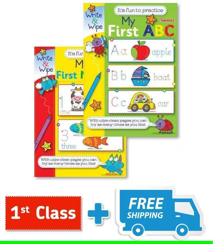 EASY LEARNING CHILDRENS MY FIRST NUMBERS ABC WRITE AND WIPE PRACTICE BOOKS.