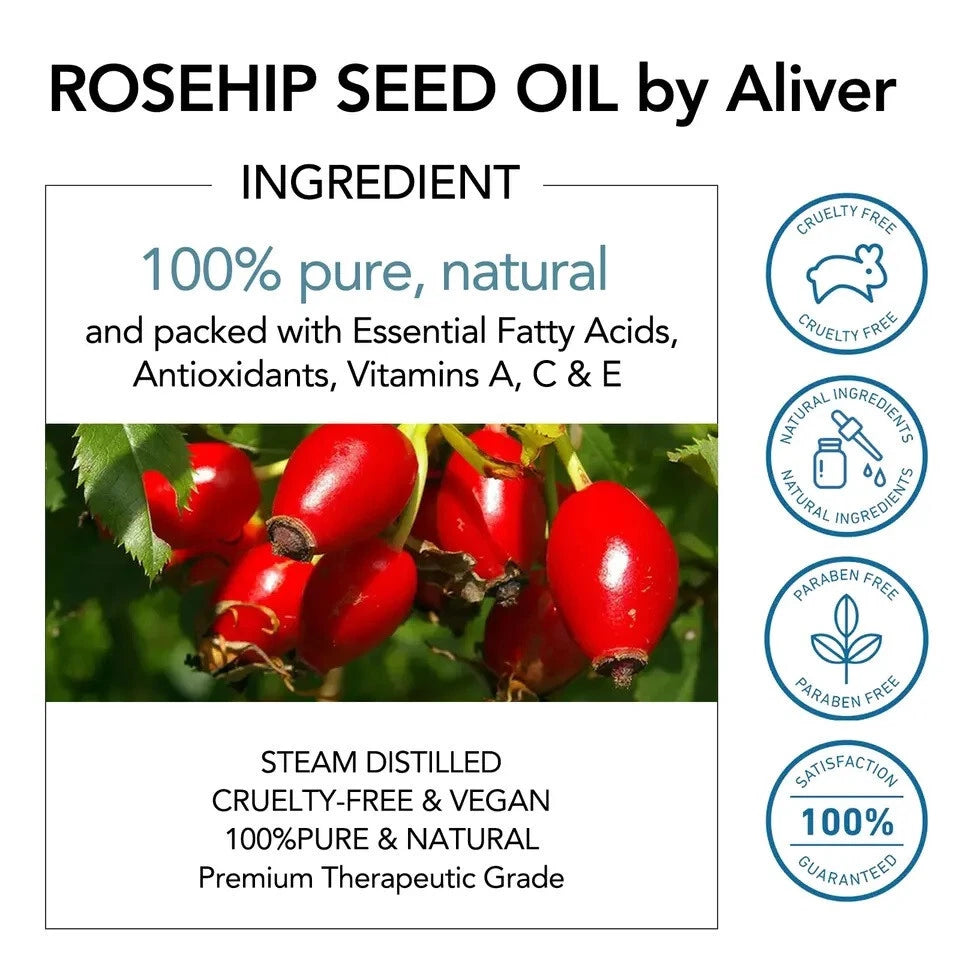 Rosehip Oil, 100% Pure & Natural Cold Pressed Pure Rose Hip Best Facial Oil 60ml
