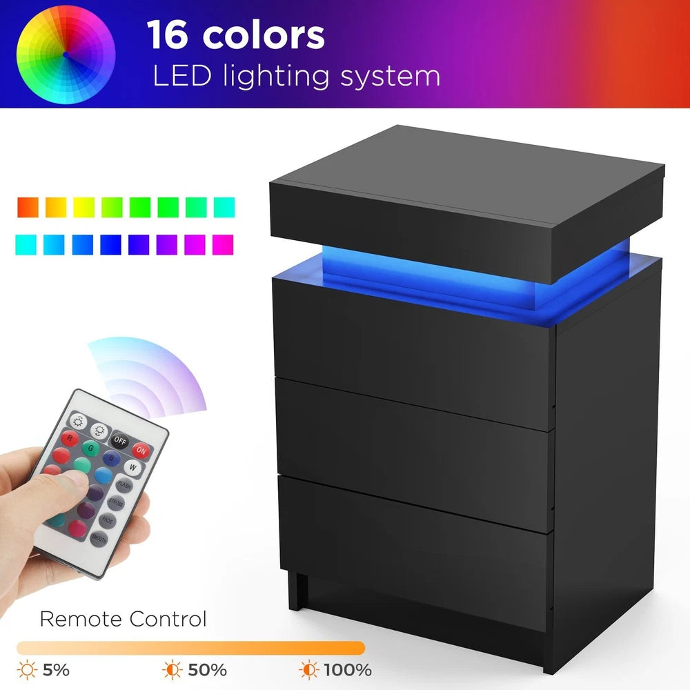 High Gloss 2/3 Drawer Bedside Table Cabinet LED RGB Light Storage Nightstand