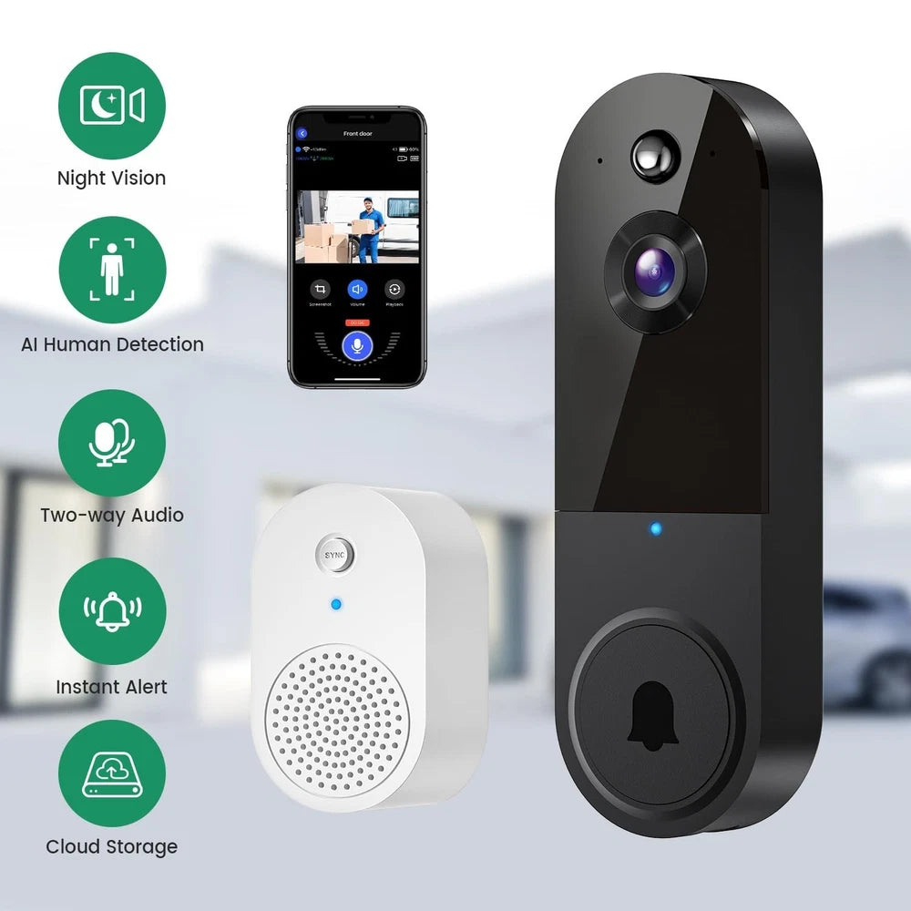 1080P Wireless Video Doorbell Camera with Ring Chime, Smart AI Human Detection