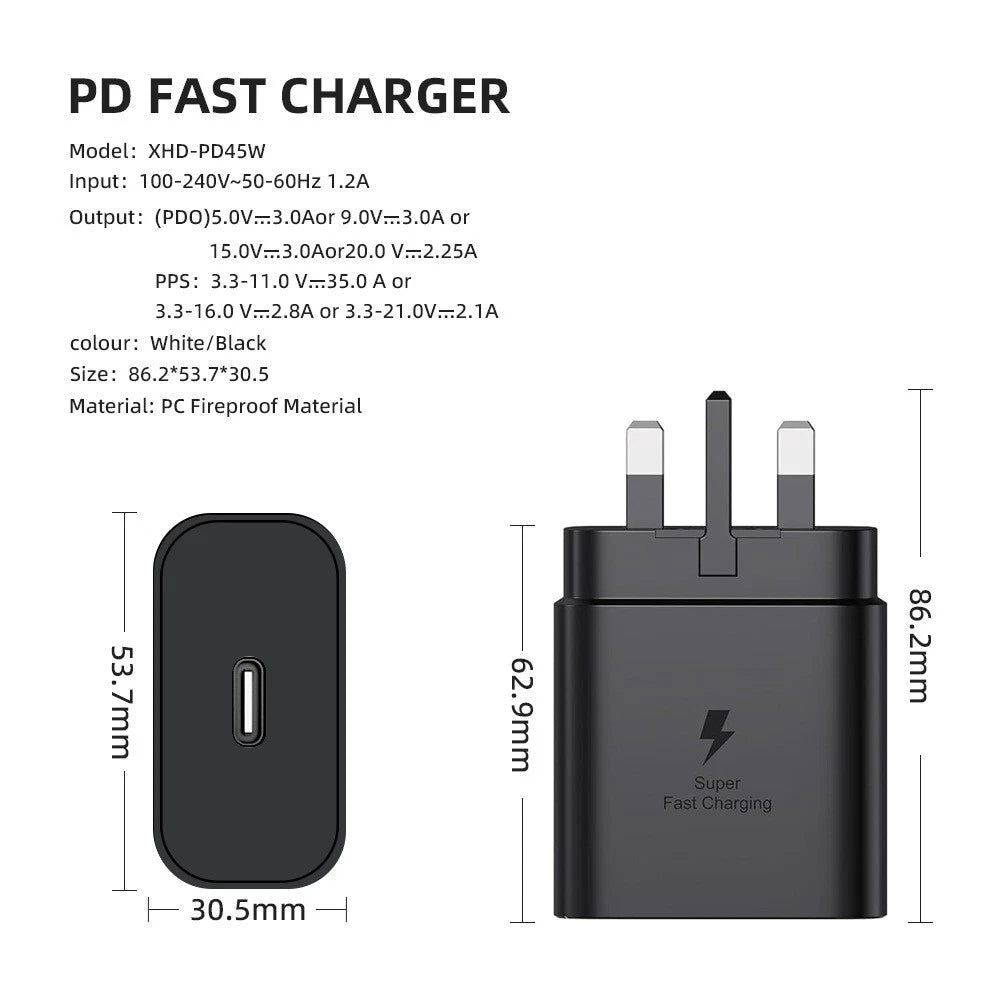 45W Super Fast Charger Adapter Plug USB-C Type C For Samsung and Iphone UK