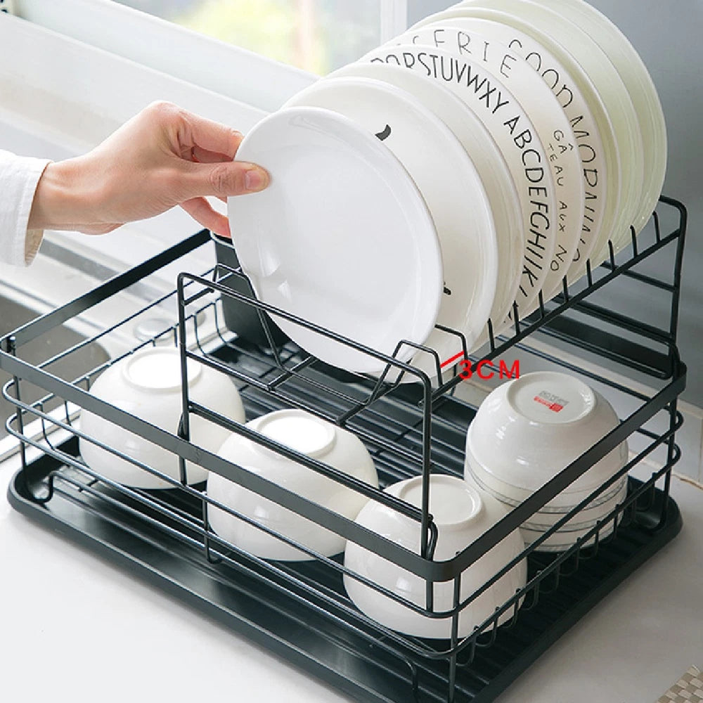 2-Tier Dish Drainer Rack with Drip Tray Cutlery Holder Plate Rack Kitchen Sink
