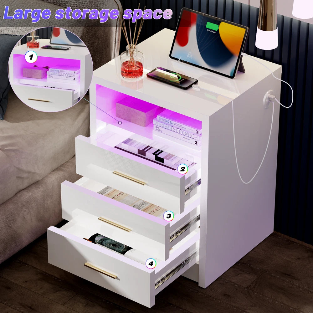 2/3 Drawers High Gloss Front Bedside Table Cabinet LED Nightstand With Charging