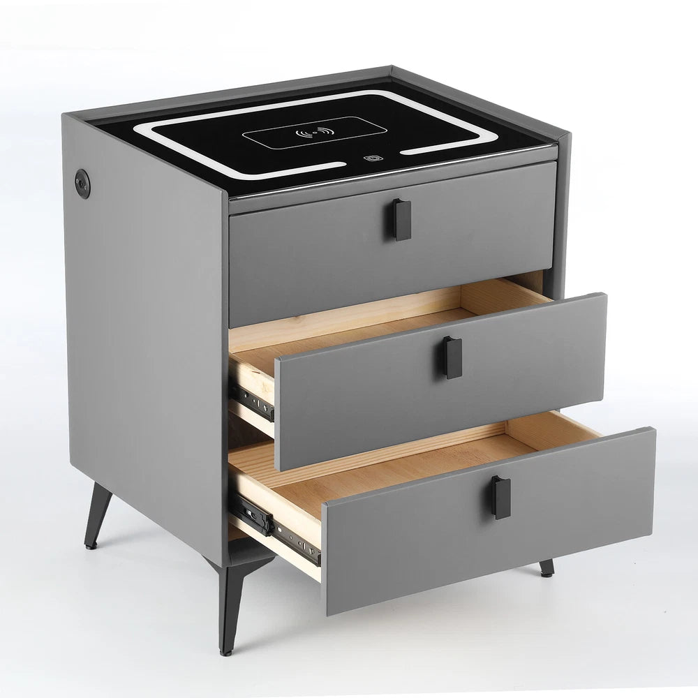 3 Drawers LED Bedside Table Wireless Charging Nightstand Bedside Cabinet Grey