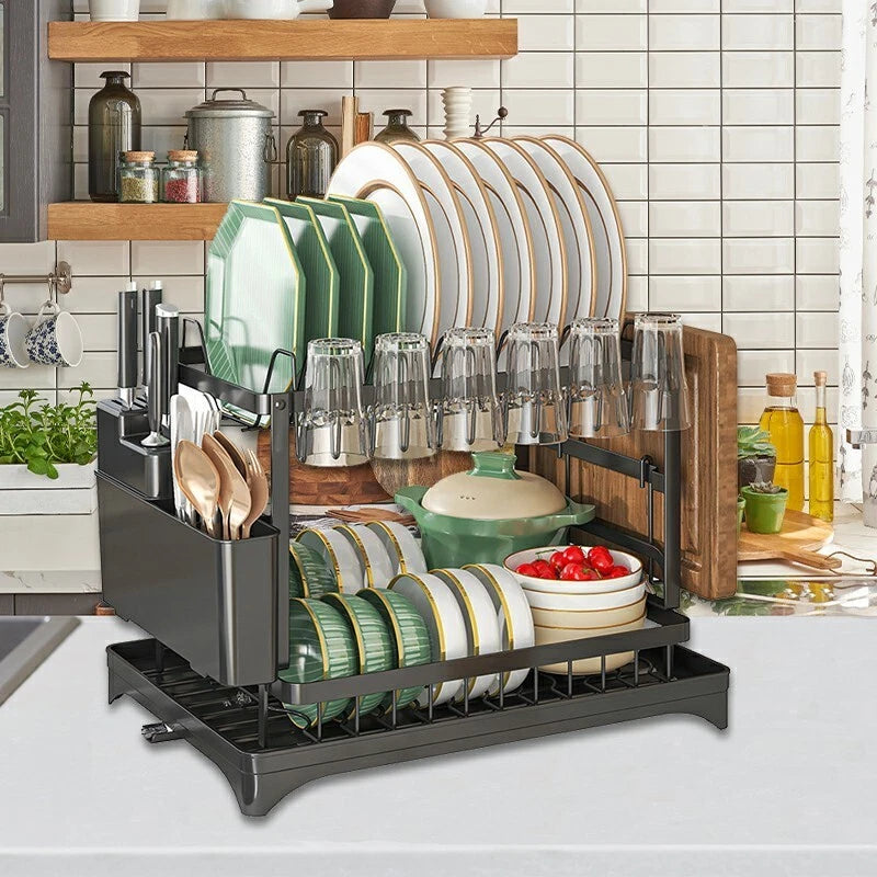 2 TIER KITCHEN SINK DISH DRAINER RACK WITH DRIP TRAY CUTLERY HOLDER PLATE RACK