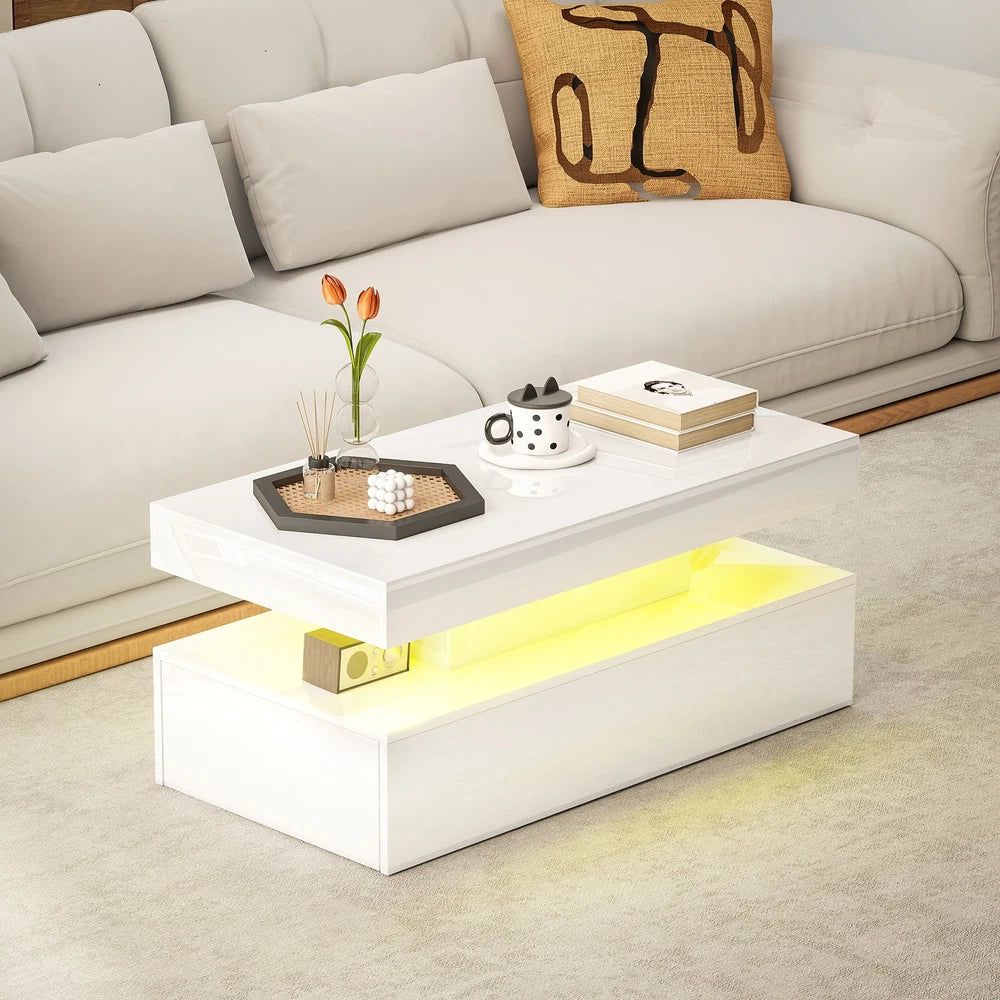 Coffee Table with LED Lights, High Gloss Living Room Table with 2 Drawers, White