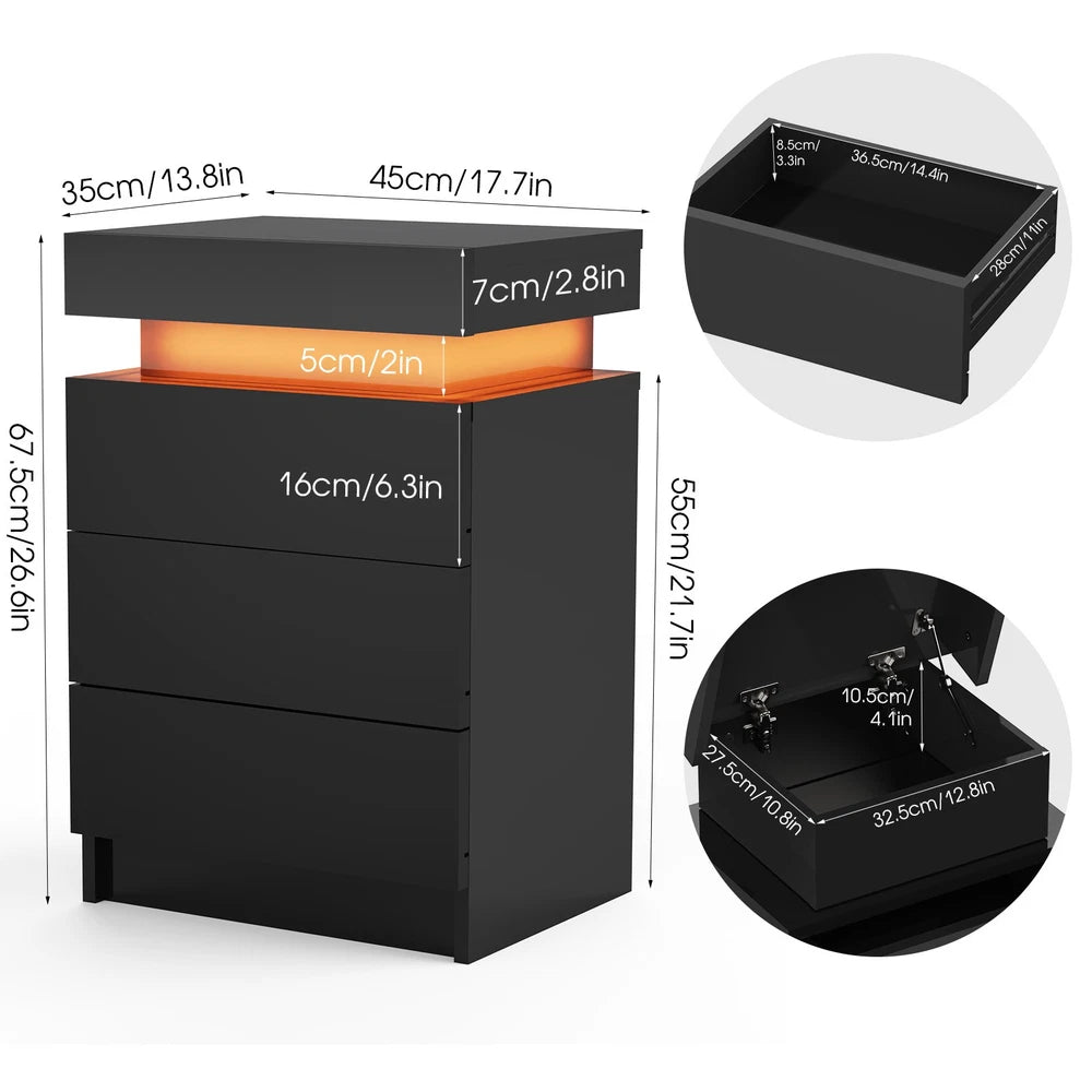 High Gloss 2/3 Drawer Bedside Table Cabinet LED RGB Light Storage Nightstand