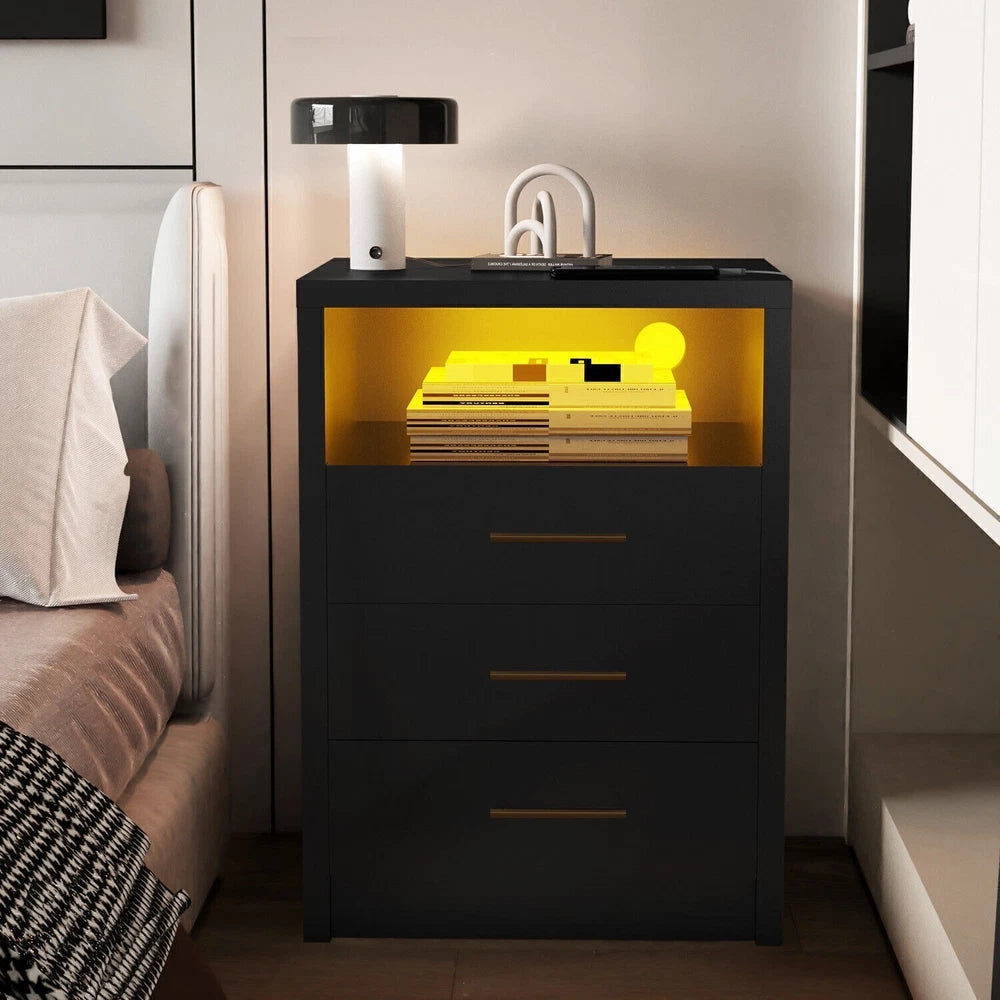 2/3 Drawers High Gloss Front Bedside Table Cabinet LED Nightstand With Charging