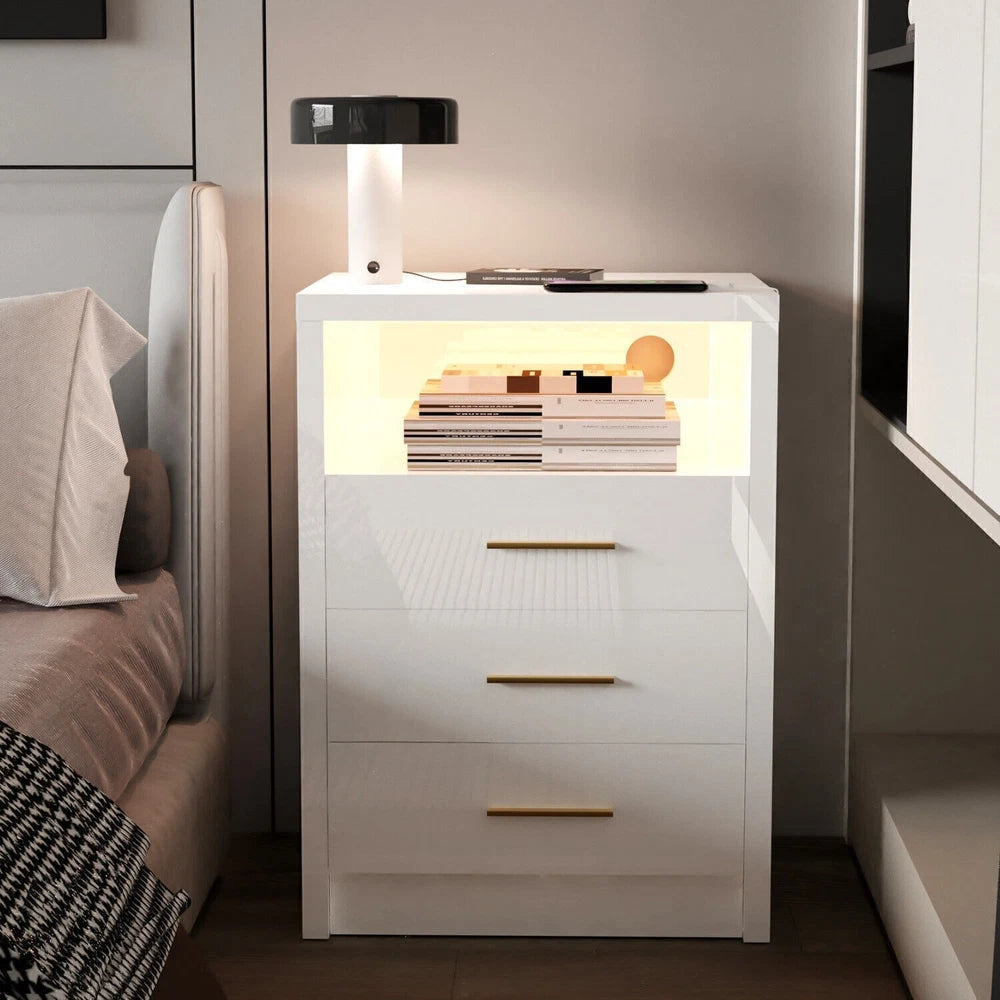 2/3 Drawers High Gloss Front Bedside Table Cabinet LED Nightstand With Charging