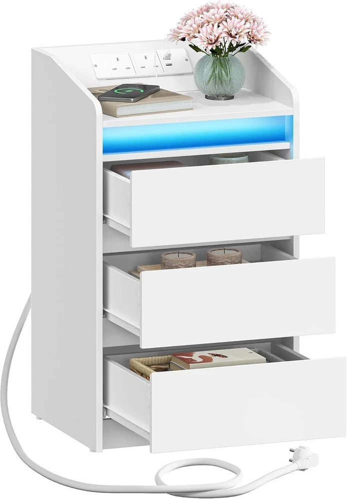 LED Bedside Table 3 Drawers Storage Cabinet Nightstand with Charging Statio