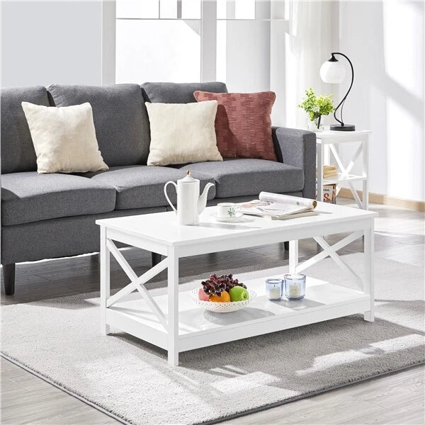 2-Tier Coffee Table with Storage Shelf Modern Center Tea Table for Living Room