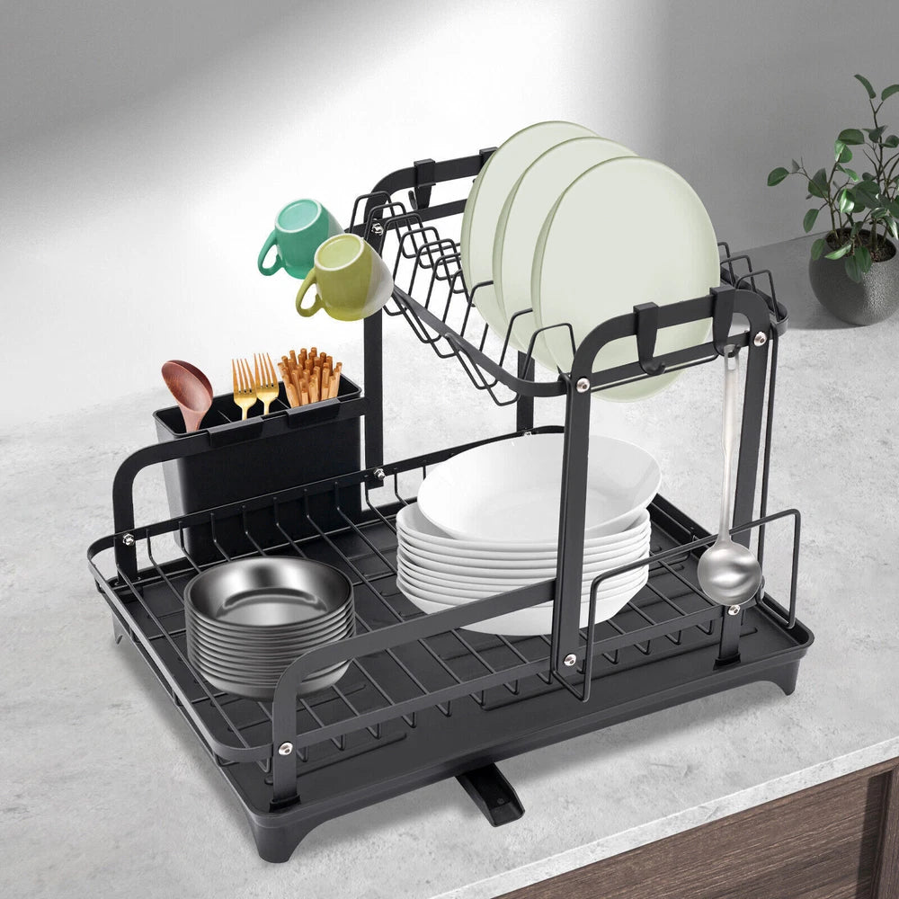 2 Tier Dish Drainer Plate Rack With Drip Tray Sink Drying Draining Plate Bowl UK