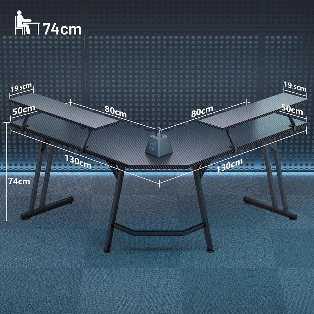 L Shaped Gaming Desk with LED Lights, Computer Desk with Monitor Stand, Black