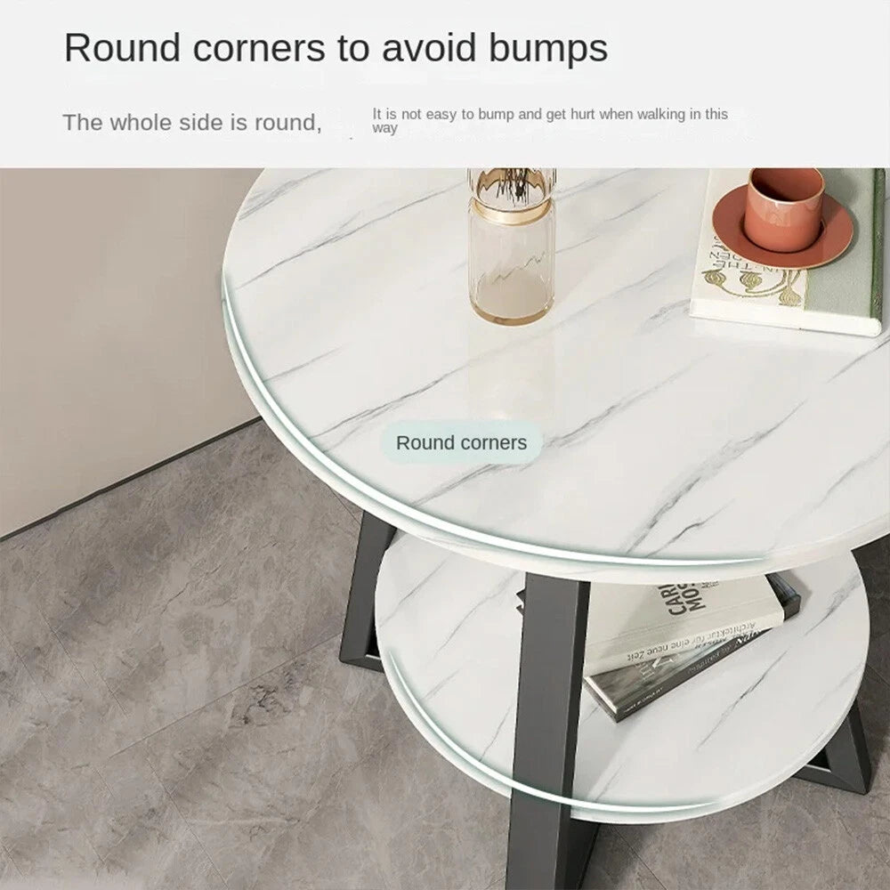 2-Tier Coffee Table Side Table White Marble Effect End Table LivingRoom Round