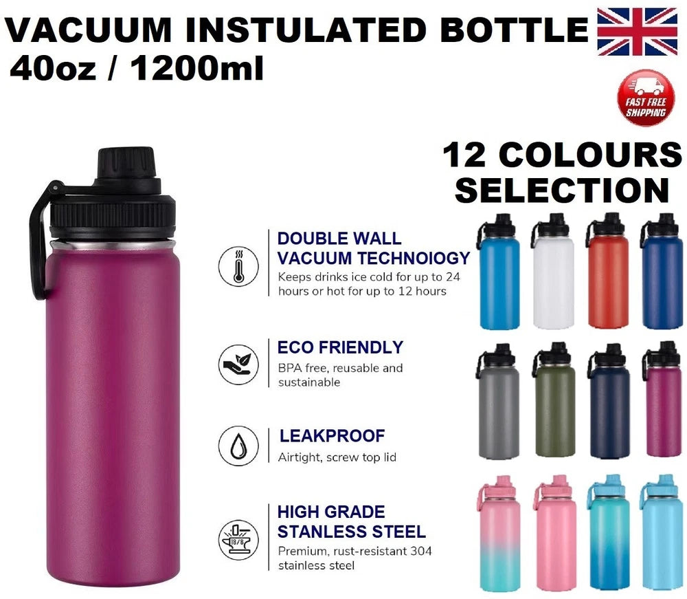 1.2L Water Flask Bottle Stainless Steel Double Wall Vacuum Insulated Thermal