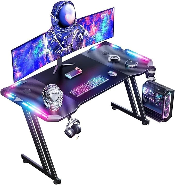 LED Gaming Desk with Power Outlets and Monitor Stand 100 x 60cm Black