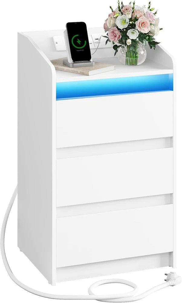 LED Bedside Table 3 Drawers Storage Cabinet Nightstand with Charging Statio