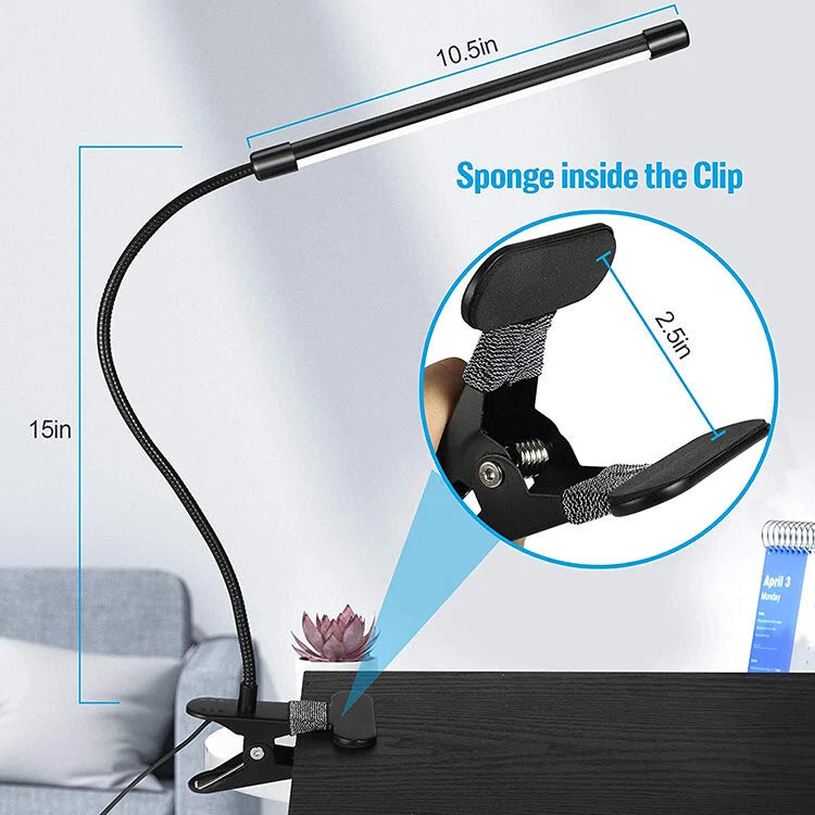 USB Clip On Desk Lamp Flexible Clamp Reading Light LED Bed Table Bedside Night.
