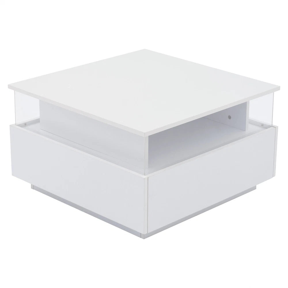 Coffee Table with LED Square High Gloss White Storage Tea Table for Living Room