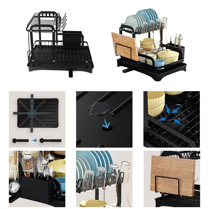 2 TIER KITCHEN SINK DISH DRAINER RACK WITH DRIP TRAY CUTLERY HOLDER PLATE RACK