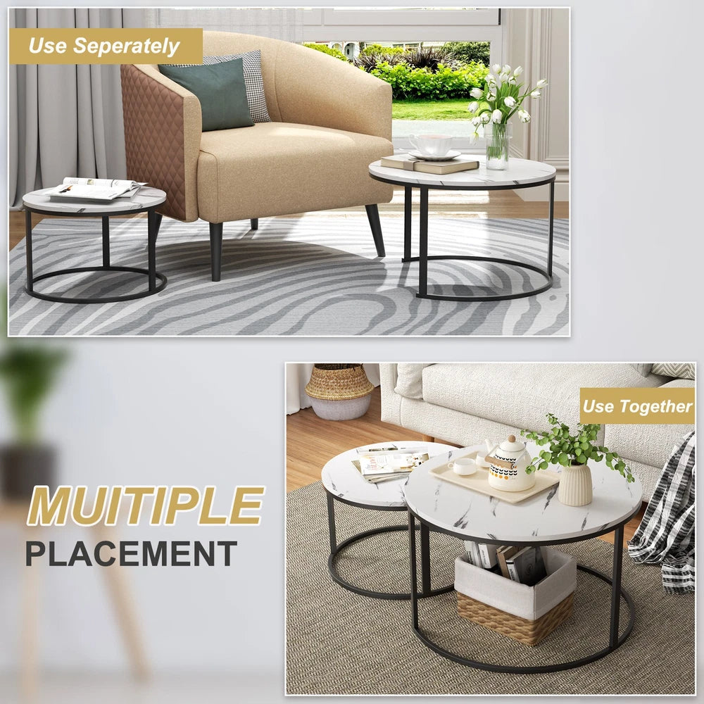 Set of 2 Nested Coffee Table Marble Effect Nesting Sofa Side Table Living Room
