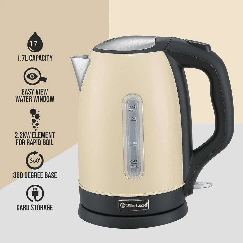 Belaco Electric Kettle Stainless Steel 1.7L,  2200w Fast Boil Cordless 360°