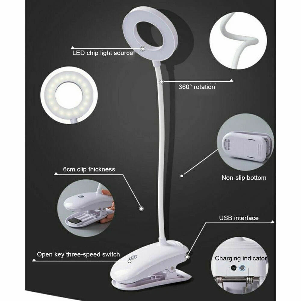 LED USB Rechargeable Clamp Clip On Flexible Desk Light Bed Read Table Night Lamp