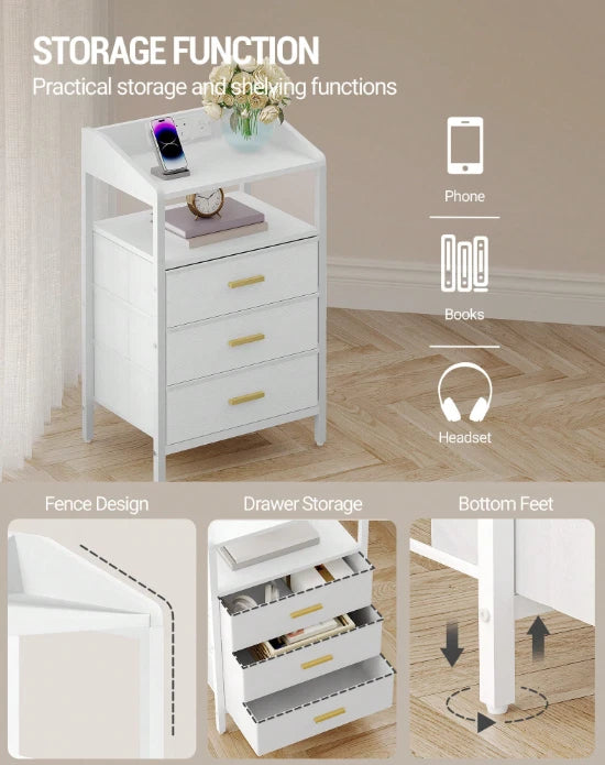 Bedside Table White LED Cabinets 3 Drawers Nightstand Bedroom W/Charging Station