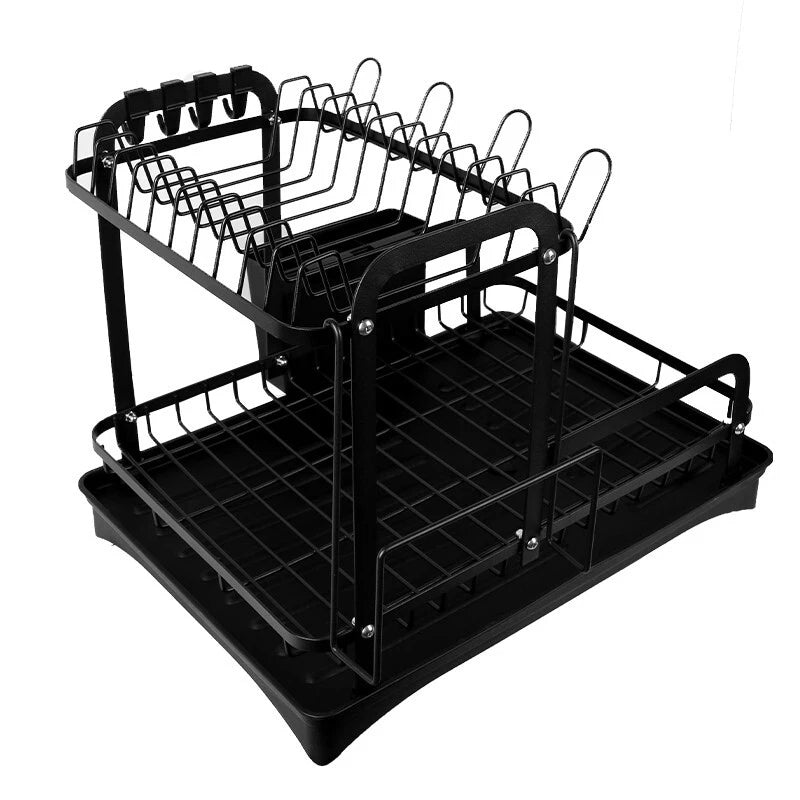 2 TIER KITCHEN SINK DISH DRAINER RACK WITH DRIP TRAY CUTLERY HOLDER PLATE RACK