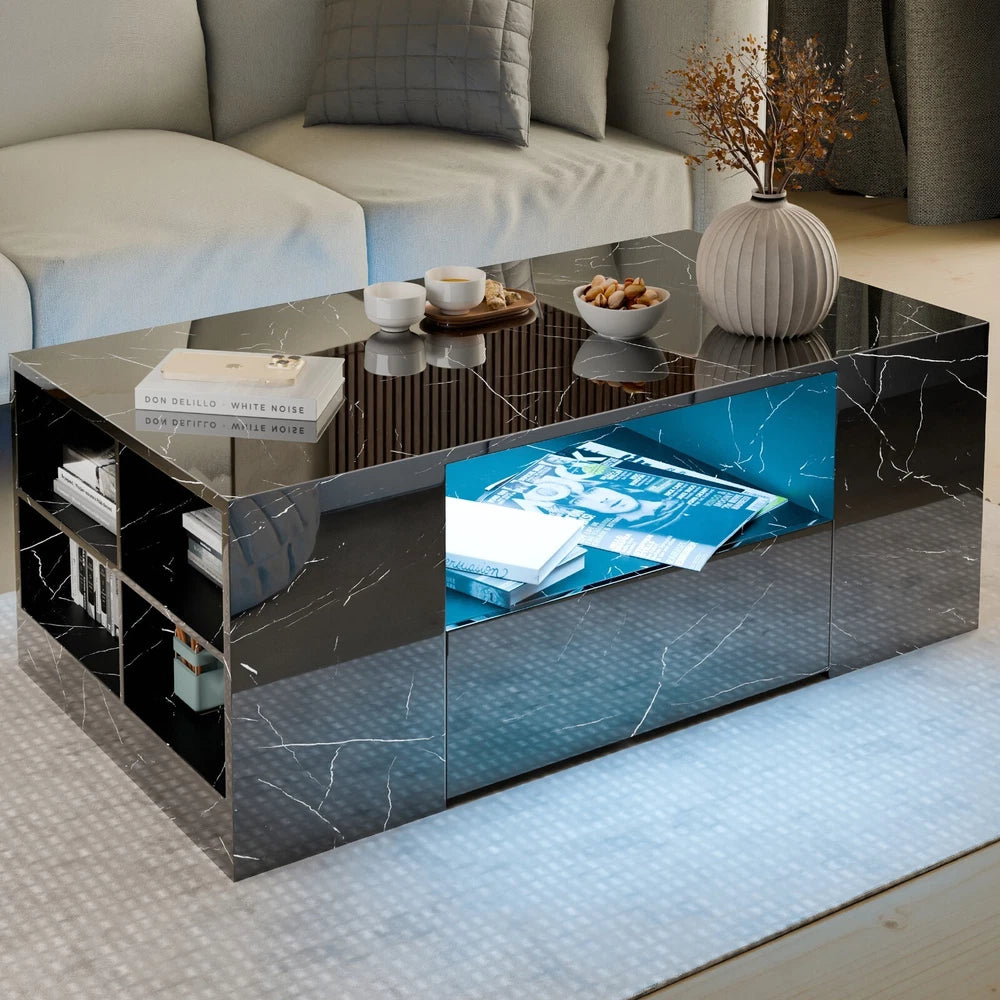LED Coffee Table Wooden 2 Drawer Storage High Gloss Modern Living Room Furniture