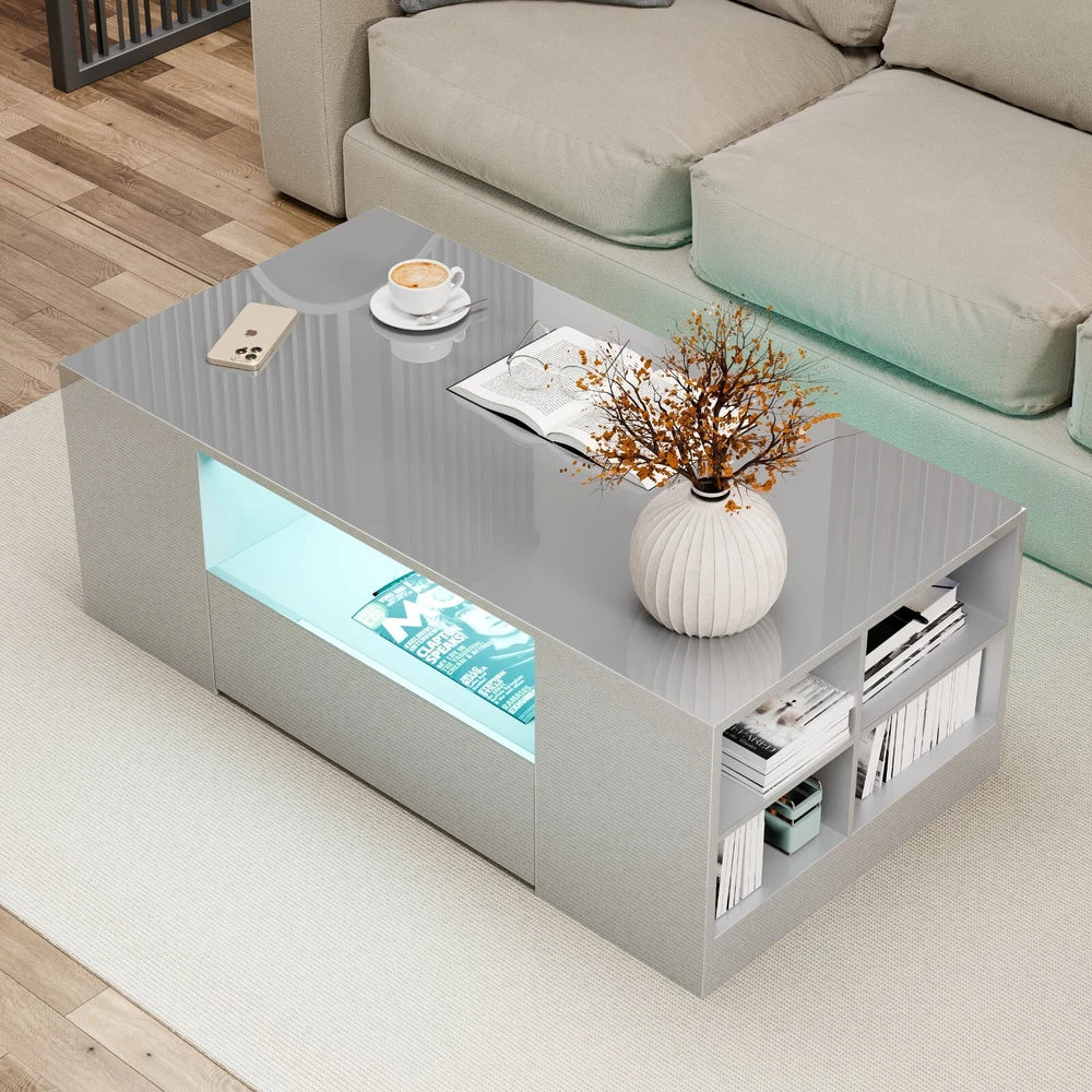 LED Coffee Table Wooden 2 Drawer Storage High Gloss Modern Living Room Furniture