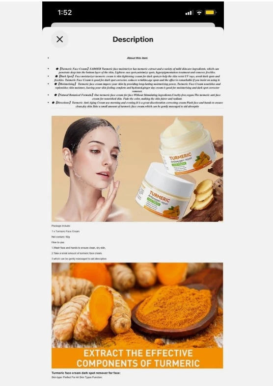 For Radiant&Glowing Skin Correcto Dark Spot Anti Aging Cream Turmeric Face Cream