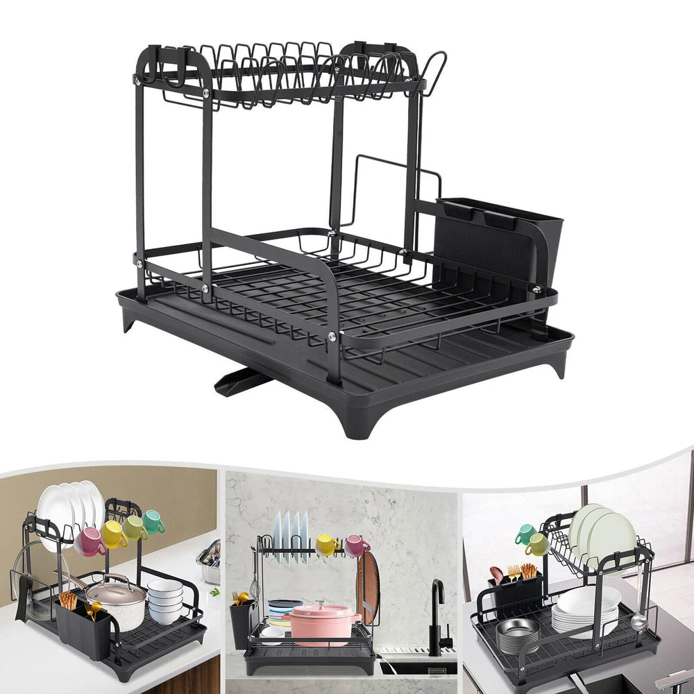 2 Tier Dish Drainer Plate Rack With Drip Tray Sink Drying Draining Plate Bowl UK