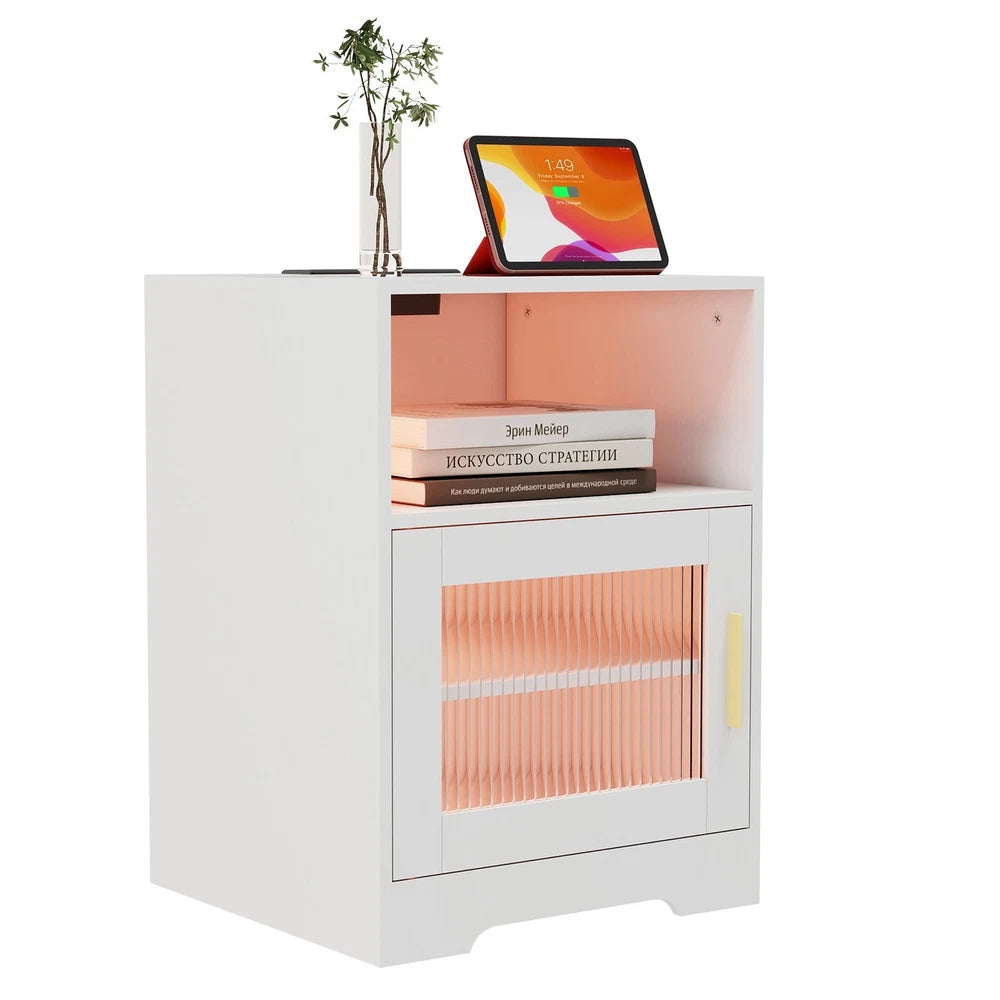 Bedside Table RGB LED 4 Tier Storage Cabinet Nightstand with Charging Station