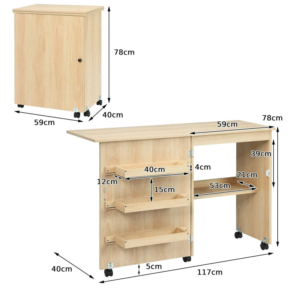 Folding Sewing Table 2 IN 1 Rolling Craft Table Office Desk Workstation