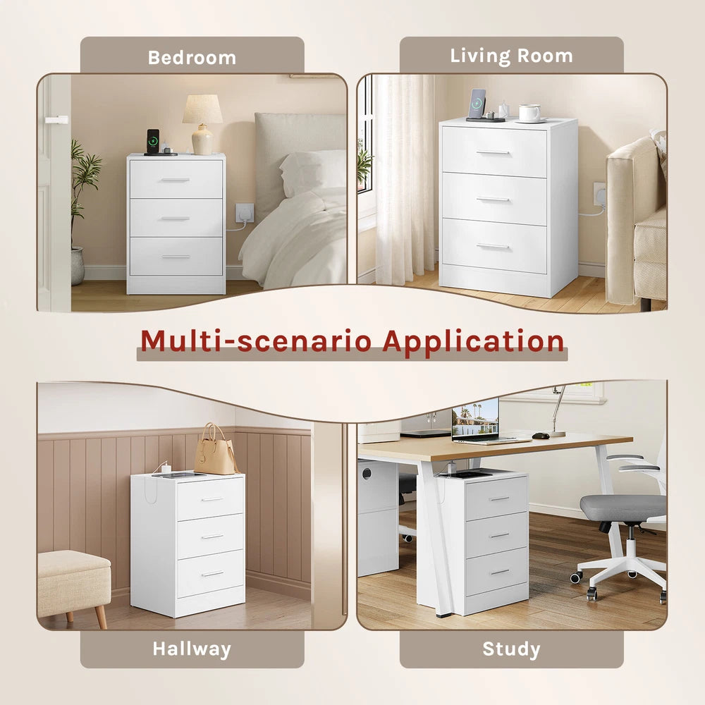 1/2x Bedside Table Cabinets w/ Charging Station Nightstand Storage Unit 3 Drawer