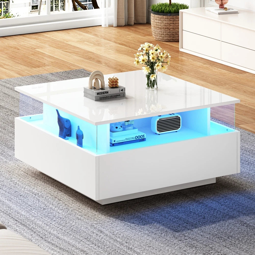 Coffee Table with LED Square High Gloss White Storage Tea Table for Living Room