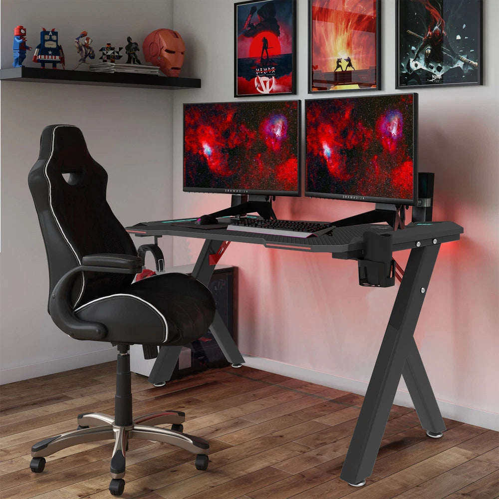 XXL Gaming Desk RGB LED Computer Racing Table Carbon Fiber PC Gamer Workstation
