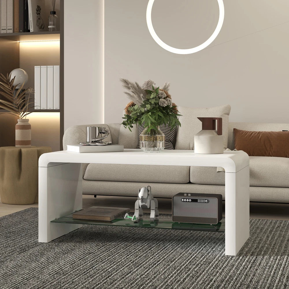 High Gloss Coffee Table with Glass Shelf, Two-Tier Living Room Table, White