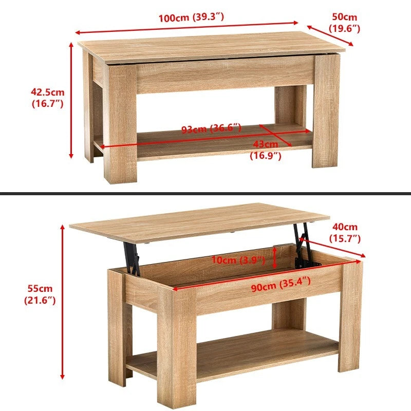 Lift Up Top Coffee Table Modern  Desk Hidden Storage Bottom Shelf 100*50*55cm