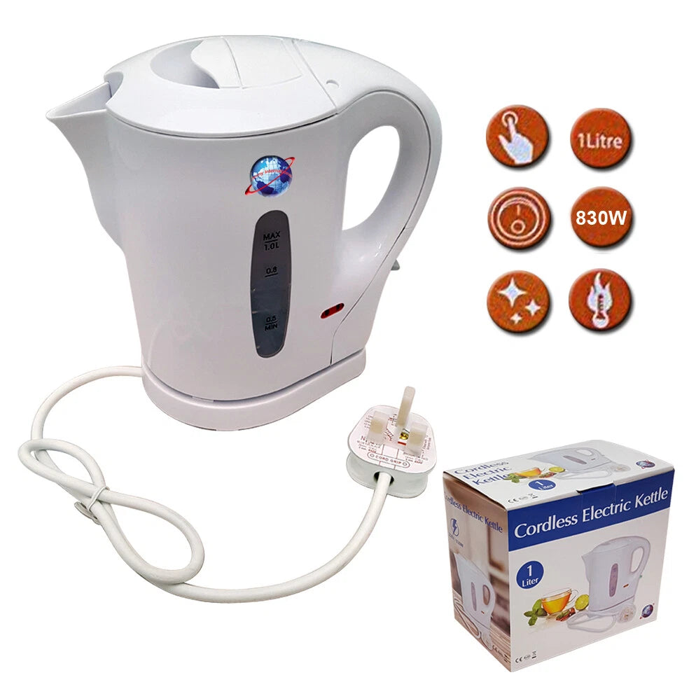 White Travel Kettle Portable Electric 1L Camping Caravan Kitchen Jug Holiday New