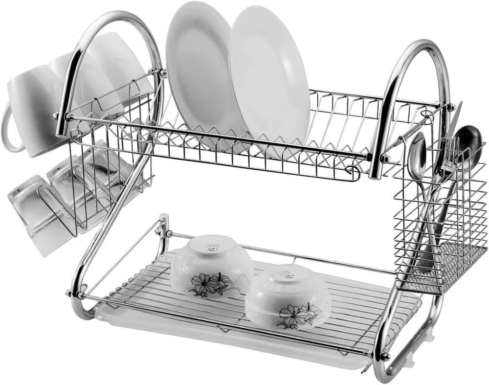 2 Tier Dish Drainer Rack With Drip Tray Kitchen Drying Rack Bowl Plate Holder